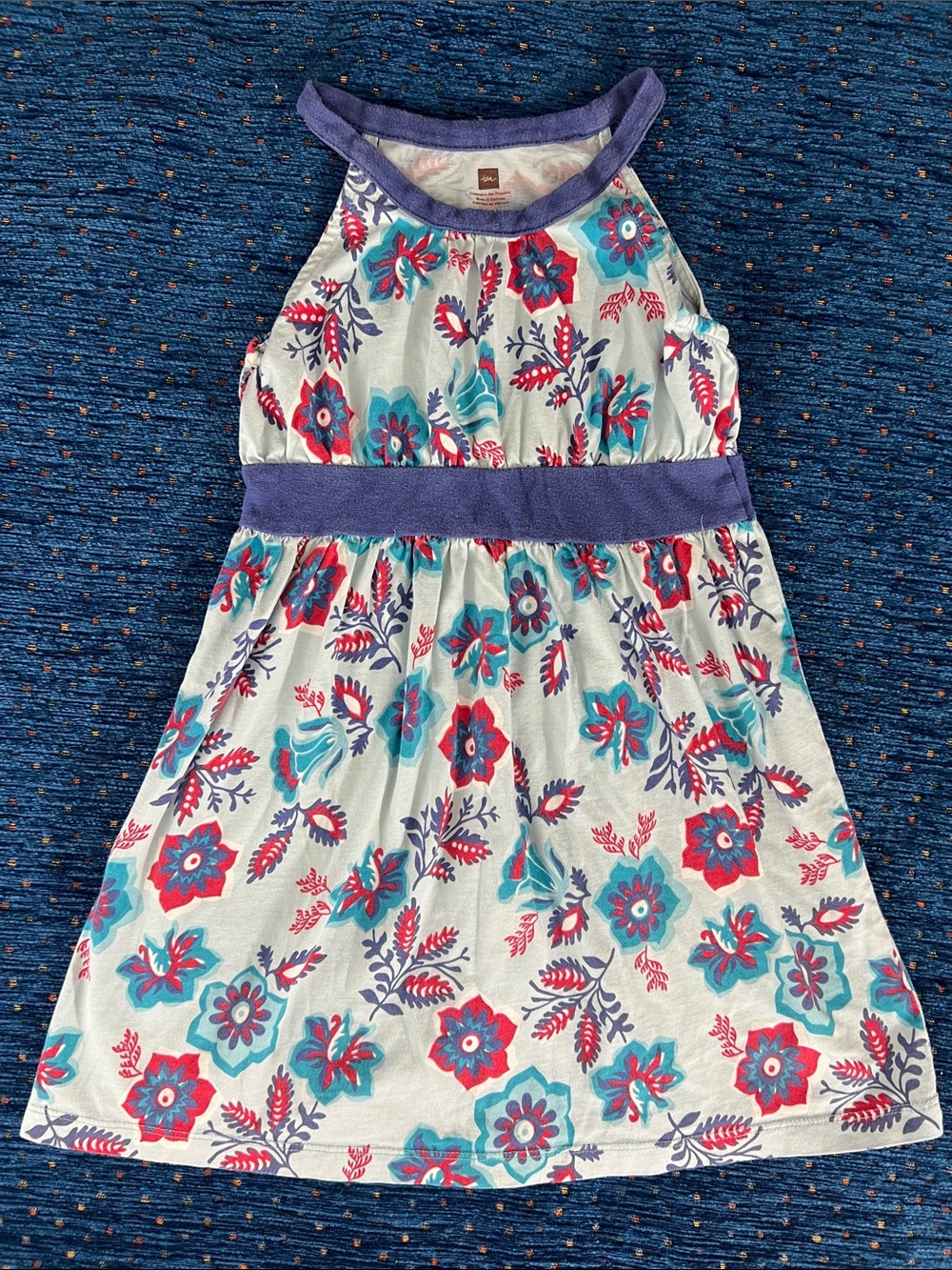 Tea Collection size 5 pale blue Floral tank Dress w/ purple-blue waistband